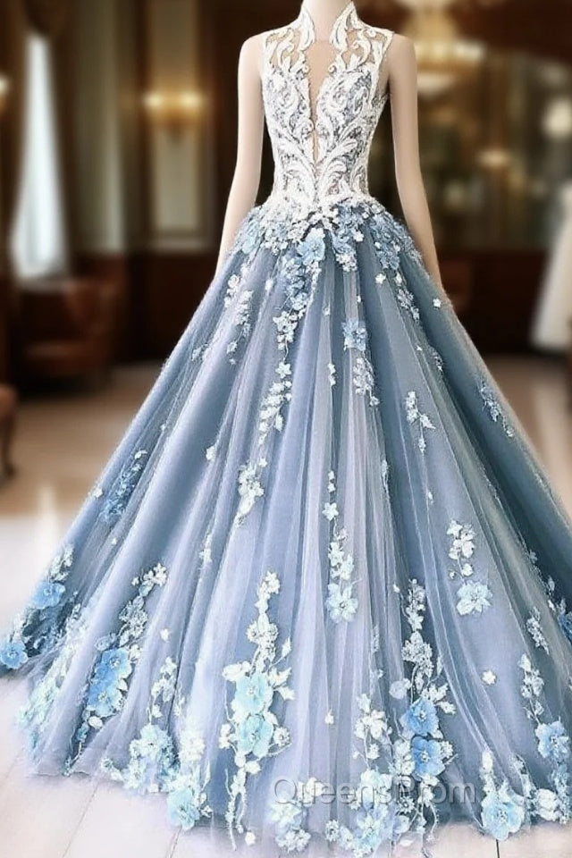 Unique High Neck Tulle Lace Long Evening Prom Dress Blue Tulle Lace Evening Dress Main image