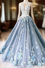 Unique High Neck Tulle Lace Long Evening Prom Dress Blue Tulle Lace Evening Dress