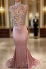 Unique Hight Neck Sequin Long Evening Prom Dress, Mermaid Evening Dress