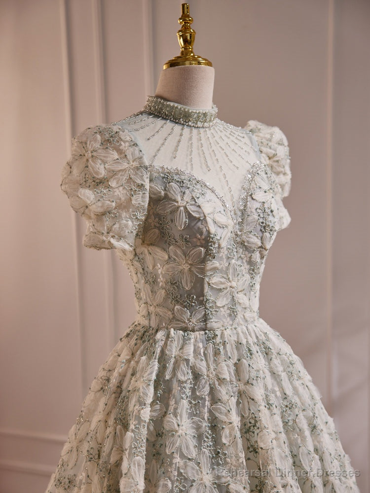 Unique Hight Neck Tulle Lace Tea Length Prom Dress, Light Green Formal Dress Secondary image
