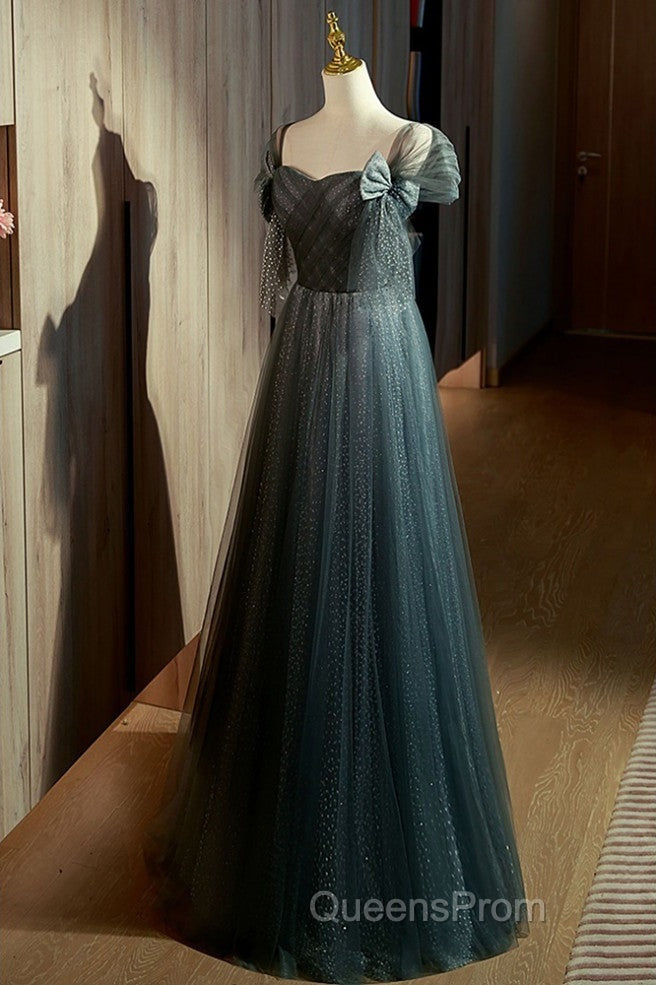Unique Ink Blue Spotted Off Shoulder Short Sleeve Sequin Ball Dress Ink Blue A-Line Off Back Tie Bow And Floor Length Evening Prom Dress Secondary image
