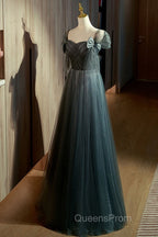 Unique Ink Blue Spotted Off Shoulder Short Sleeve Sequin Ball Dress Ink Blue A-Line Off Back Tie Bow And Floor Length Evening Prom Dress