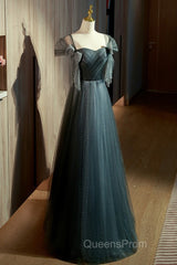 Unique Ink Blue Spotted Off Shoulder Short Sleeve Sequin Ball Dress Ink Blue A-Line Off Back Tie Bow And Floor Length Evening Prom Dress