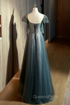 Unique Ink Blue Spotted Off Shoulder Short Sleeve Sequin Ball Dress Ink Blue A-Line Off Back Tie Bow And Floor Length Evening Prom Dress