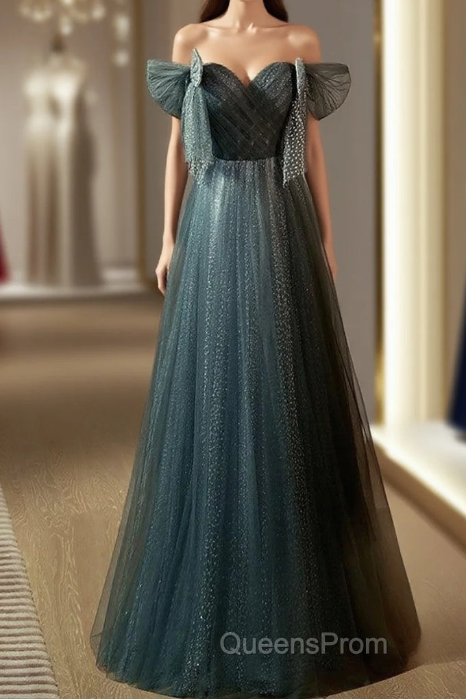 Unique Ink Blue Spotted Off Shoulder Short Sleeve Sequin Ball Dress Ink Blue A-Line Off Back Tie Bow And Floor Length Evening Prom Dress Main image