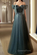Unique Ink Blue Spotted Off Shoulder Short Sleeve Sequin Ball Dress Ink Blue A-Line Off Back Tie Bow And Floor Length Evening Prom Dress