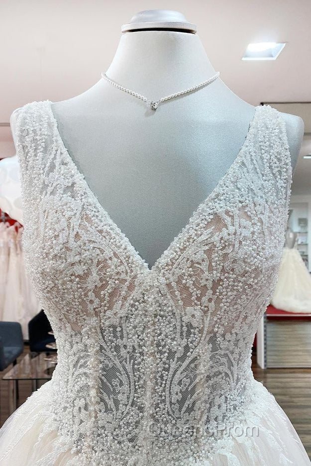 Unique Ivory Long Princess V-neck Tulle Lace Wedding Dress