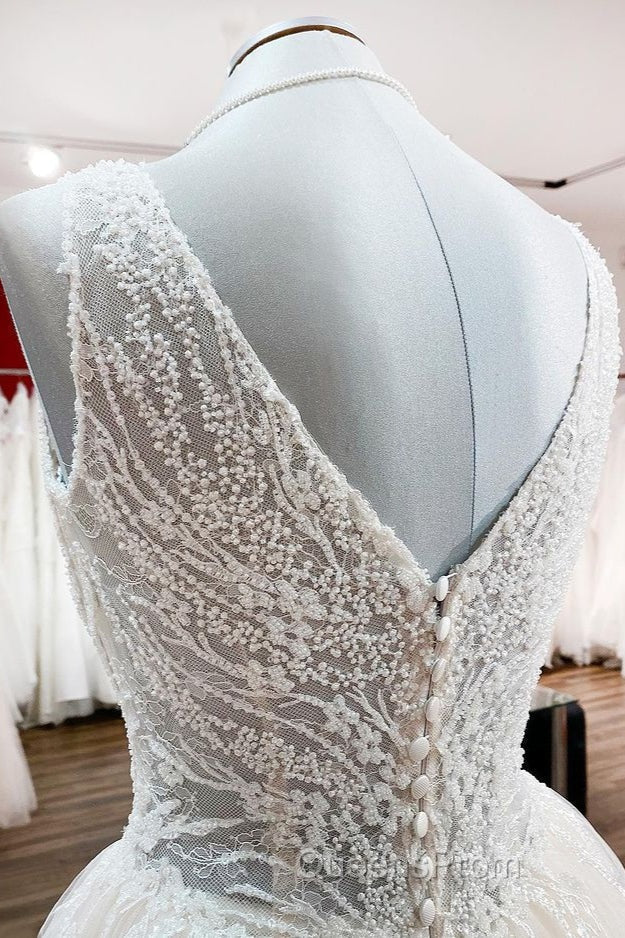 Unique Ivory Long Princess V-neck Tulle Lace Wedding Dress