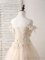 Unique  Lace Applique Tulle Long Champagne Prom Dresses Sweet 16 Dress
