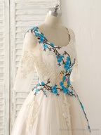 Unique Lace Applique Tulle Long Prom Dress Light Champagne Bridesmaid Dress