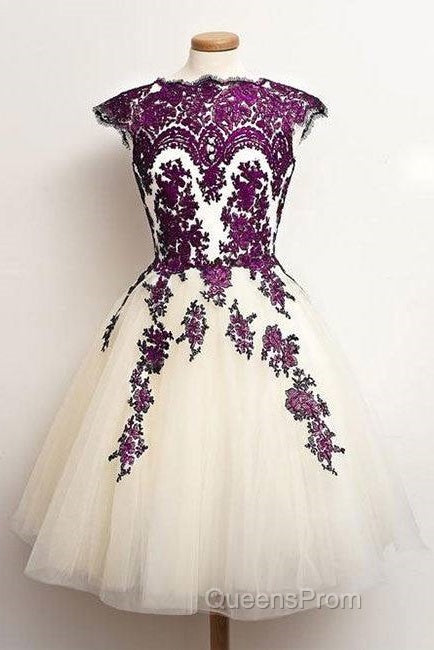 Unique Lace Tulle Short Evening Prom Dress, Lace Bridesmaid Dress