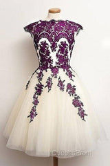 Unique Lace Tulle Short Evening Prom Dress, Lace Bridesmaid Dress