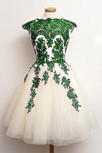 Unique Lace Tulle Short Evening Prom Dress, Lace Bridesmaid Dress