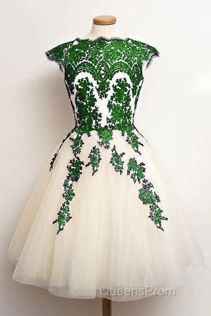 Unique Lace Tulle Short Evening Prom Dress, Lace Bridesmaid Dress