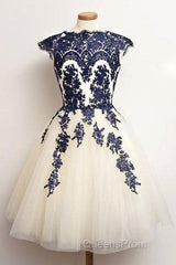 Unique Lace Tulle Short Evening Prom Dress, Lace Bridesmaid Dress