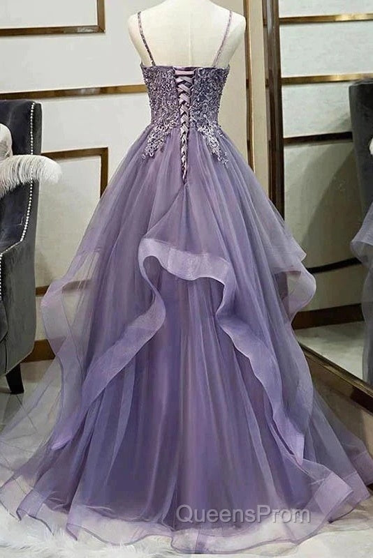 Unique Long Tulle Spaghetti Straps Evening Prom Dress Evening Dress With Lace Applique, Secondary image