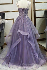 Unique Long Tulle Spaghetti Straps Evening Prom Dress Evening Dress With Lace Applique,