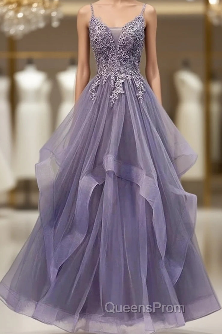 Unique Long Tulle Spaghetti Straps Evening Prom Dress Evening Dress With Lace Applique, Main image