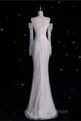 Unique Mermaid Off The Shoulder Long Sleeves Wedding Dress Sequin Brides Dress