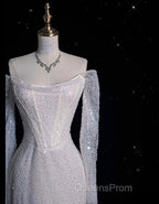 Unique Mermaid Off The Shoulder Long Sleeves Wedding Dress Sequin Brides Dress