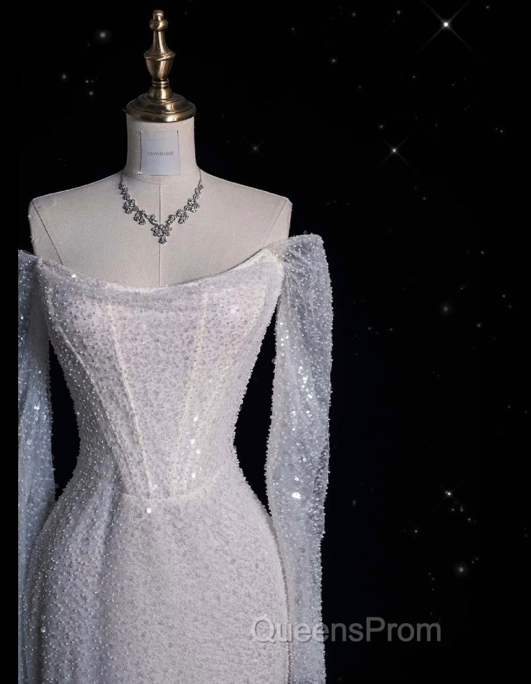 Unique Mermaid Off The Shoulder Long Sleeves Wedding Dress Sequin Brides Dress