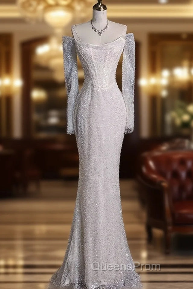 Unique Mermaid Off The Shoulder Long Sleeves Wedding Dress Sequin Brides Dress