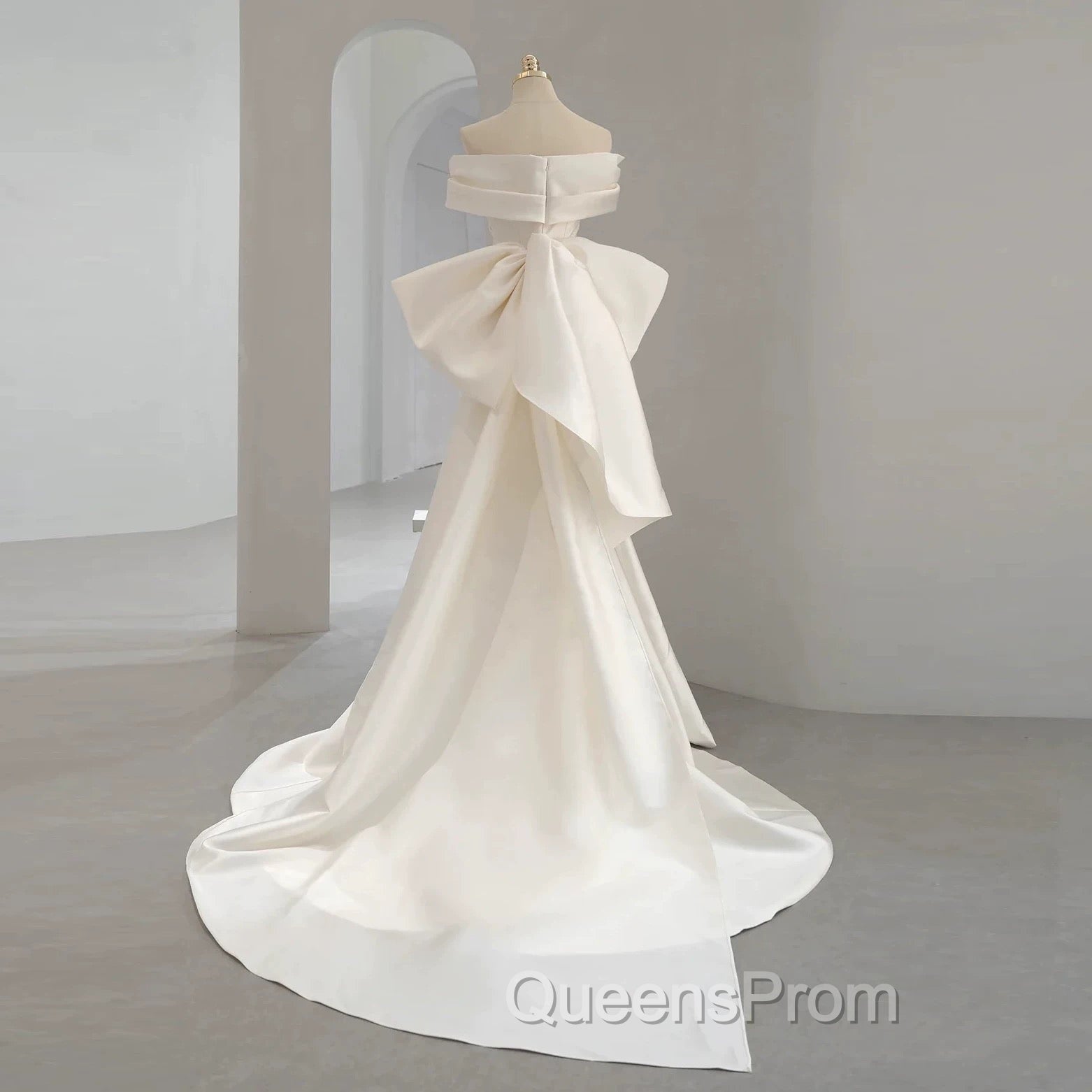 Unique Mermaid Off The Shoulder Long White Satin Wedding Dress