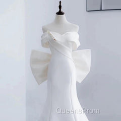 Unique Mermaid Off The Shoulder Long White Satin Wedding Dress