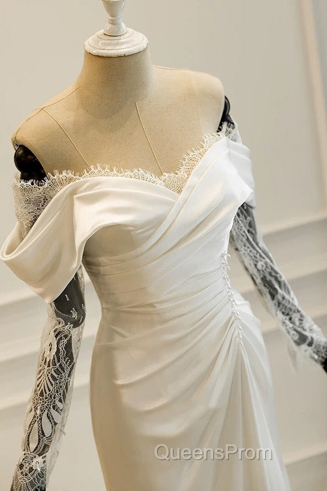 Unique Mermaid Off The Shoulder Pleats Satin Long Sleeves Wedding Dress Brides Dress