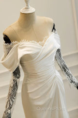 Unique Mermaid Off The Shoulder Pleats Satin Long Sleeves Wedding Dress Brides Dress