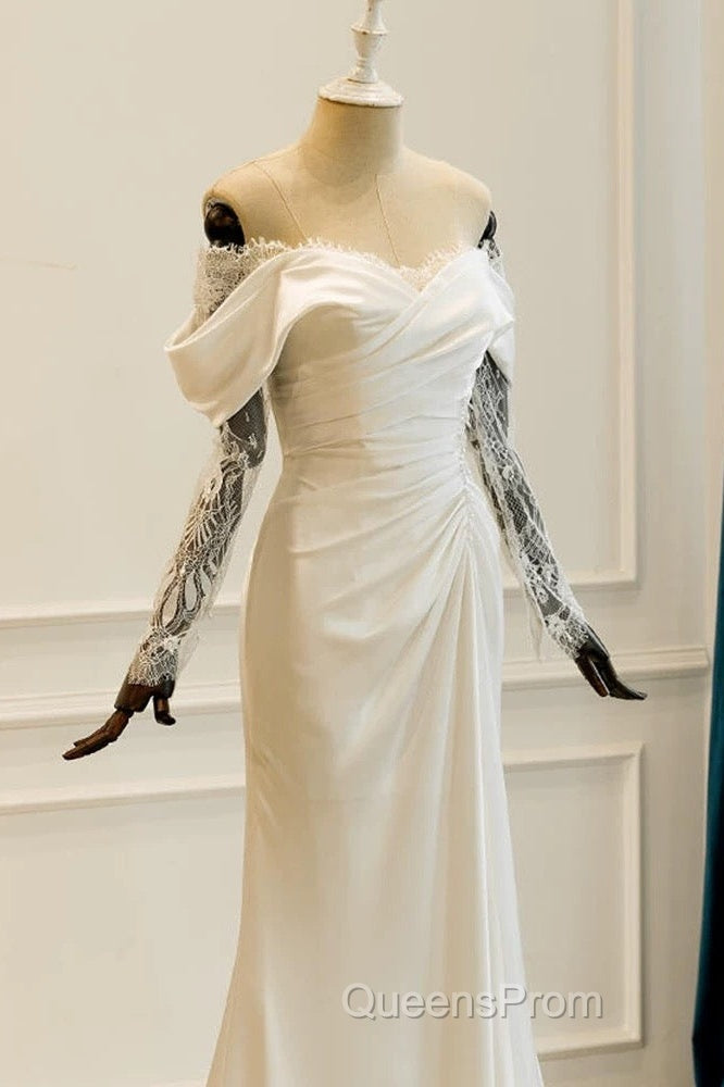 Unique Mermaid Off The Shoulder Pleats Satin Long Sleeves Wedding Dress Brides Dress