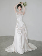 Unique Mermaid Off The Shoulder Pleats Short Sleeves Satin Ivory Wedding Dress