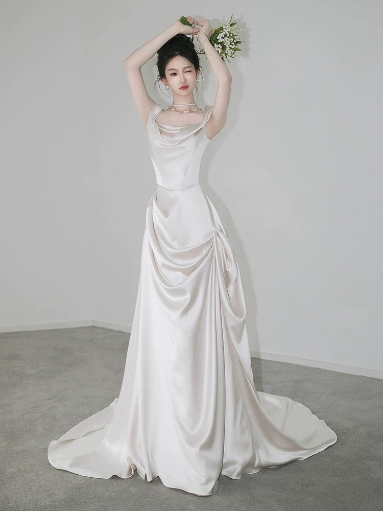 Unique Mermaid Off The Shoulder Pleats Short Sleeves Satin Ivory Wedding Dress