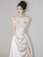 Unique Mermaid Off The Shoulder Pleats Short Sleeves Satin Ivory Wedding Dress