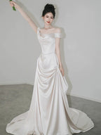 Unique Mermaid Off The Shoulder Pleats Short Sleeves Satin Ivory Wedding Dress