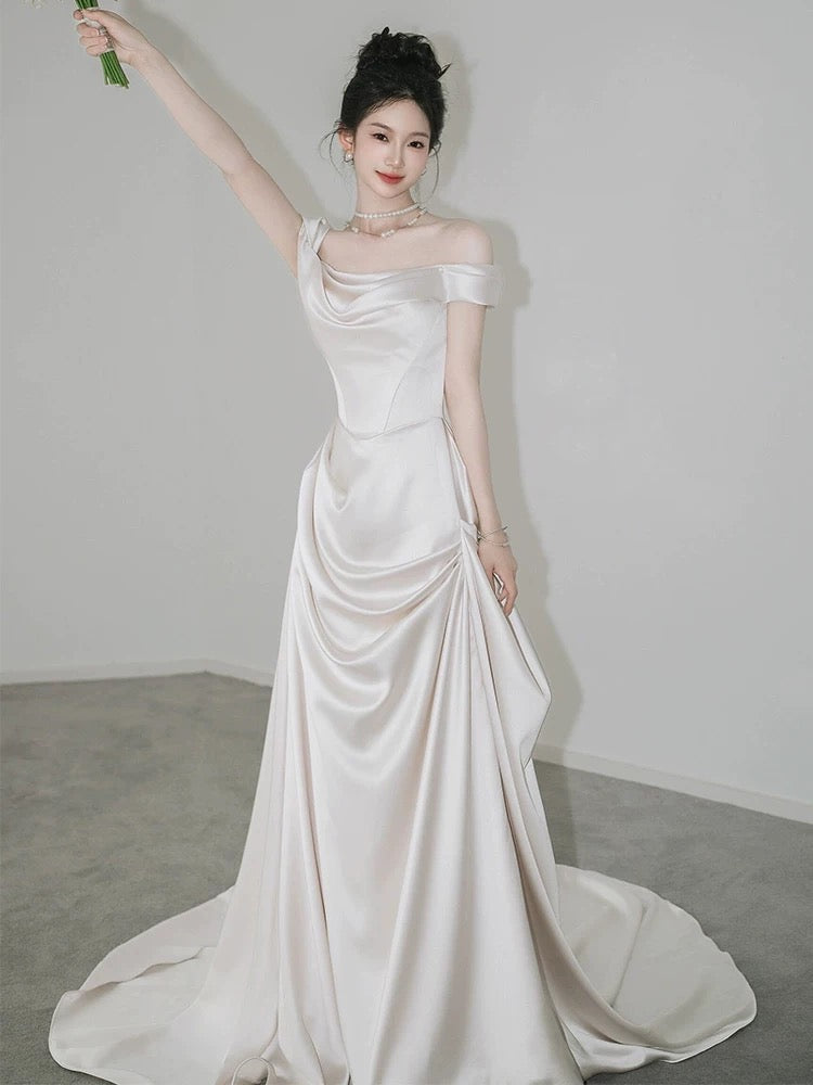 Unique Mermaid Off The Shoulder Pleats Short Sleeves Satin Ivory Wedding Dress