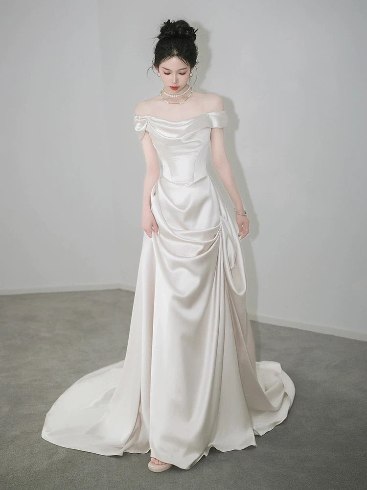 Unique Mermaid Off The Shoulder Pleats Short Sleeves Satin Ivory Wedding Dress Main image