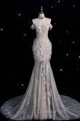 Unique Mermaid Off The Shoulder Sequin Short Sleeves Wedding Dress Brides Dress