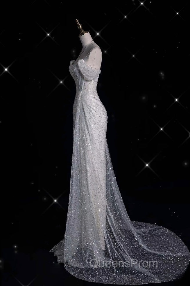 Unique Mermaid Off The Shoulder Sequin Short Sleeves White Wedding Dress Brides Dress Secondary image