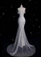 Unique Mermaid Off The Shoulder Sequin Short Sleeves White Wedding Dress Brides Dress