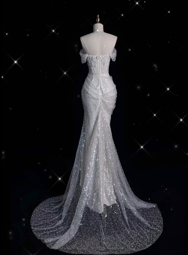 Unique Mermaid Off The Shoulder Sequin Short Sleeves White Wedding Dress Brides Dress