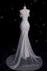 Unique Mermaid Off The Shoulder Sequin Short Sleeves White Wedding Dress Brides Dress