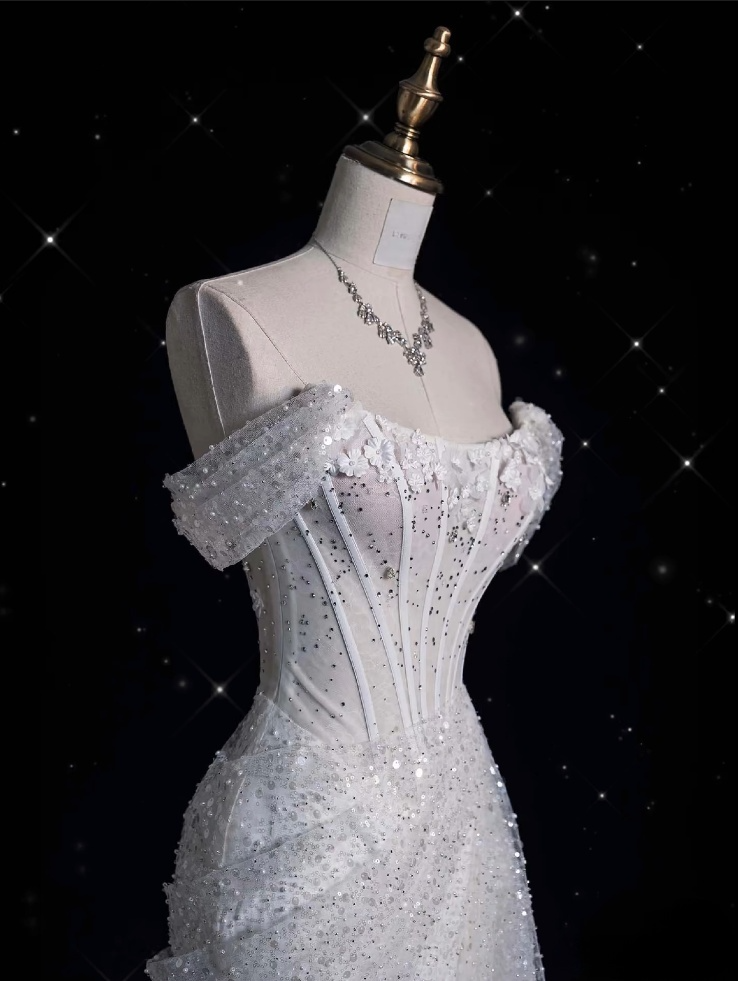 Unique Mermaid Off The Shoulder Sequin Short Sleeves White Wedding Dress Brides Dress