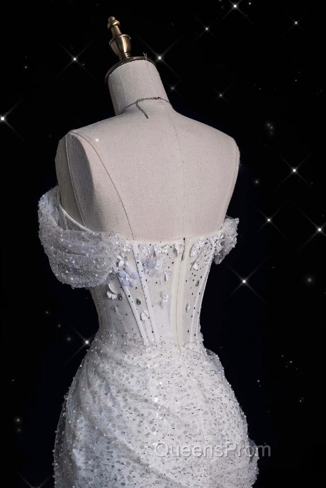 Unique Mermaid Off The Shoulder Sequin Short Sleeves White Wedding Dress Brides Dress