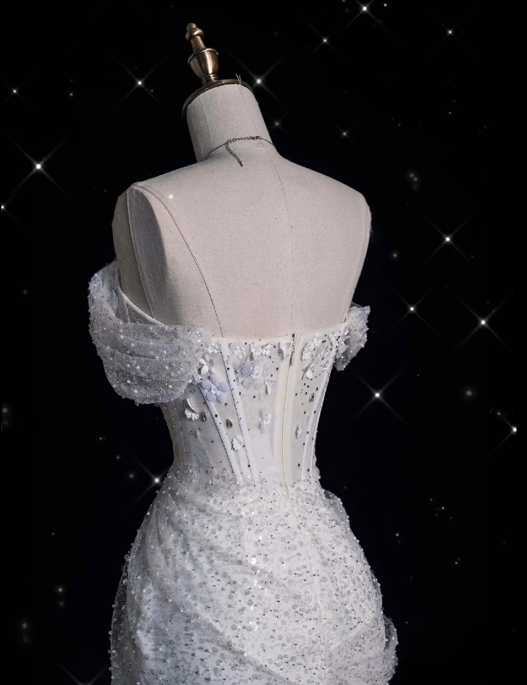 Unique Mermaid Off The Shoulder Sequin Short Sleeves White Wedding Dress Brides Dress