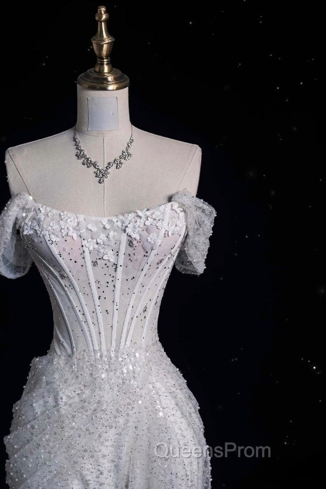 Unique Mermaid Off The Shoulder Sequin Short Sleeves White Wedding Dress Brides Dress