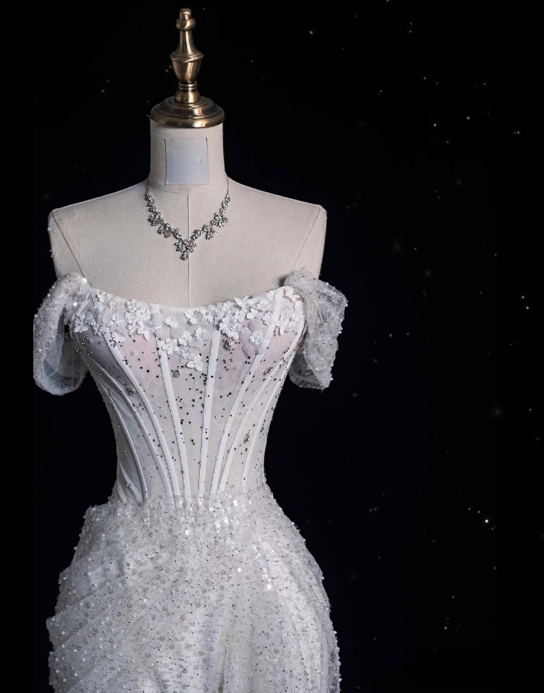 Unique Mermaid Off The Shoulder Sequin Short Sleeves White Wedding Dress Brides Dress