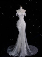 Unique Mermaid Off The Shoulder Sequin Short Sleeves White Wedding Dress Brides Dress
