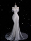 Unique Mermaid Off The Shoulder Sequin Short Sleeves White Wedding Dress Brides Dress