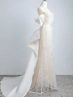 Unique Mermaid Off The Shoulder Short Sleeves Long White Sequin Wedding Dress